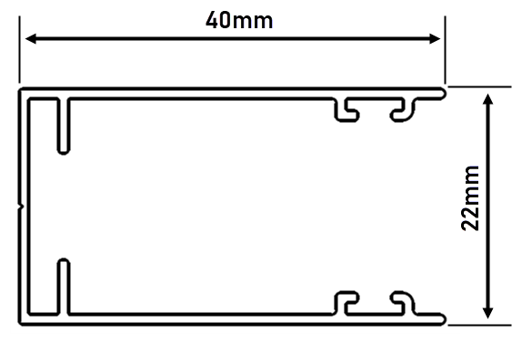 Tverrsnitt av sideskinne med mål 40mm og 22mm
