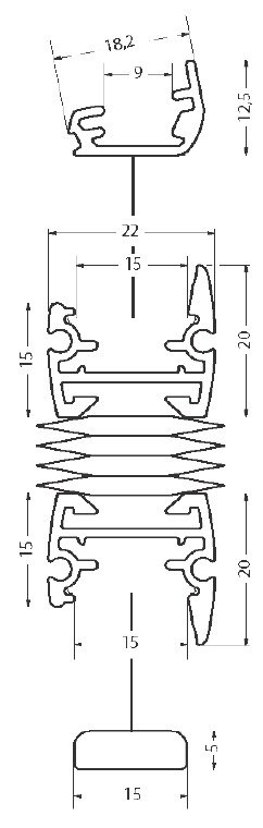 Måltegning av profiltverrsnitt med mål i mm: 18,2 – 9 – 12,5 – 22 – 15 – 20 – 5