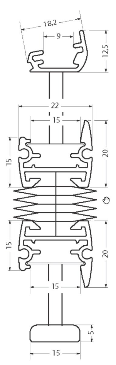 Måltegning av profiltverrsnitt med mål i mm: 18,2 – 9 – 12,5 – 22 – 15 – 20 – 5
