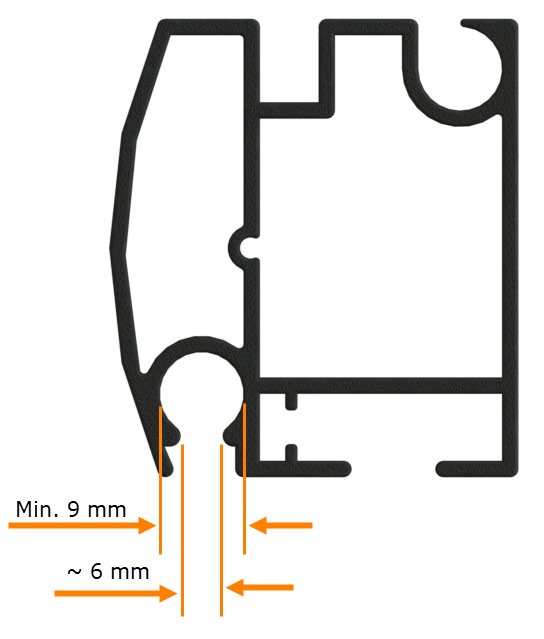 Tverrsnitt av festesporet med Min. 9 mm og ~ 6 mm klaring