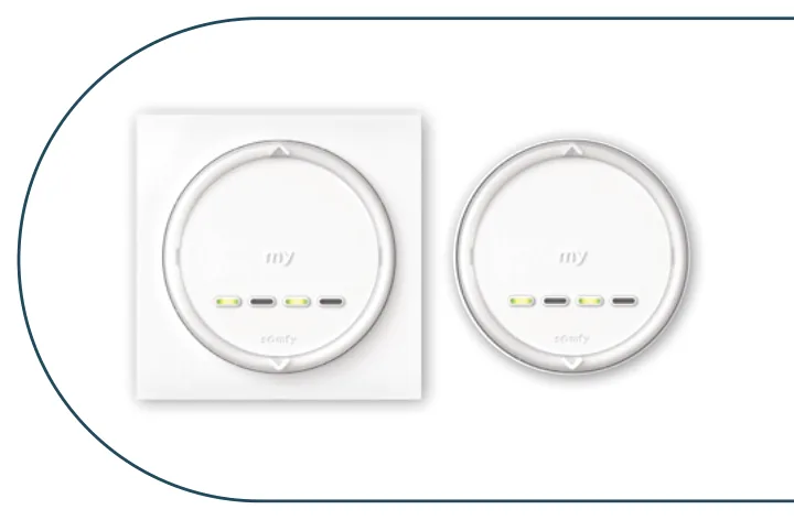 Amy 4 Modes io veggbryter i firkantet ramme og i rund ramme, side om side, med my-knapp og kanal-LED-er