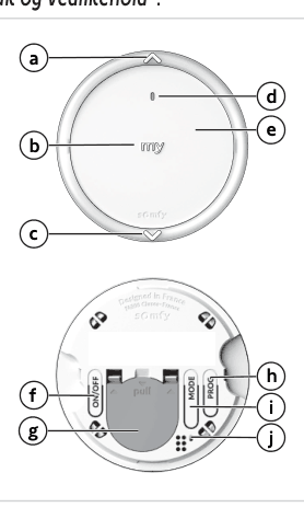 Amy 1 io sett forfra og bakfra med knappene, temperatursensor, batterideksel, PROG-knapp og modusvelger merket a til j