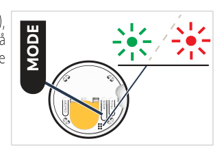 Modusvelgeren (MODE) på baksiden av Amy 1 io med grønn og rød tilbakemeldings-LED