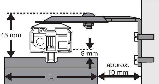 Snitt av veggbrakett med mål 45mm og 9mm