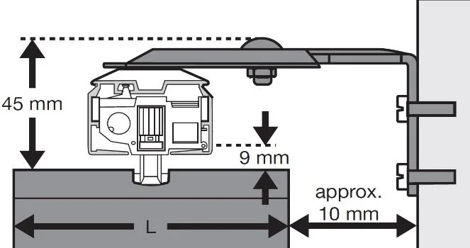 Snitt av veggbrakett med mål 45mm og 9mm
