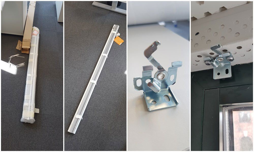 Emballert persienne, skinne, brakett og takbrakett montert ved vindu
