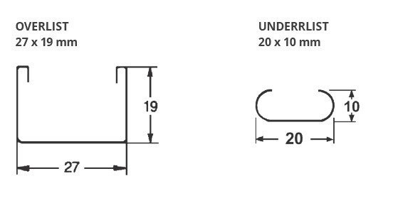 Profiltegning av overlist 27 x 19 mm og underrlist 20 x 10 mm med mål