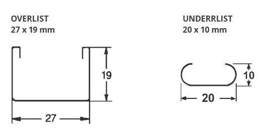 Profiltegning av overlist 27 x 19 mm og underrlist 20 x 10 mm med mål