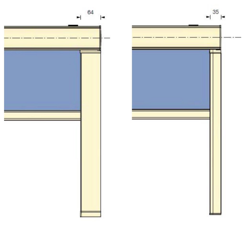 Snitt-tegning av 64mm og 35mm brede sideskinner