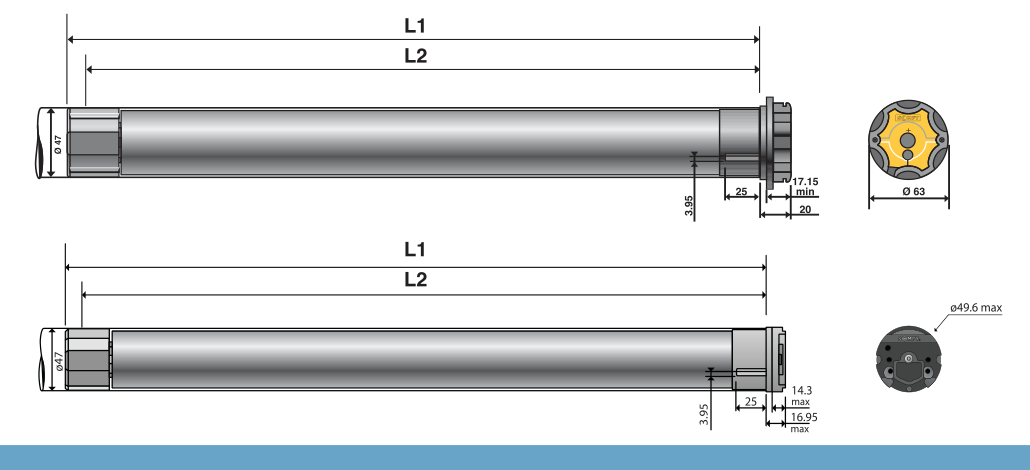 Altus 50 RTS motor dimension drawings with L1, L2, Ø 47, Ø 63 and Ø 49.6 max references