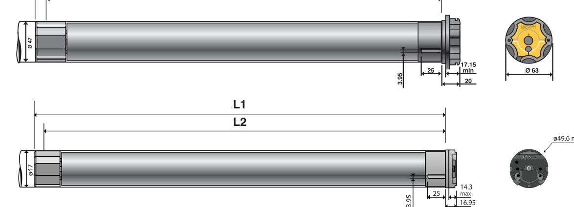 Dimensioned drawings of the star head and round head motor showing L1 and L2 lengths, Ø 47 tube, Ø 63 star head and ø49.6 max round head