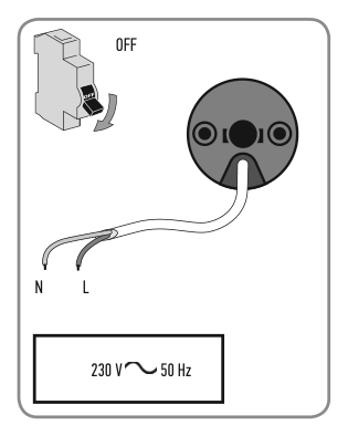 Koblingsskjema for 230 V ~ 50 Hz med nøytral og fase