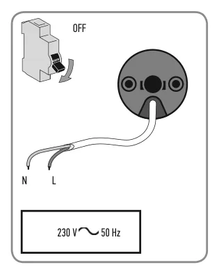 Koblingsskjema for 230 V ~ 50 Hz med nøytral og fase